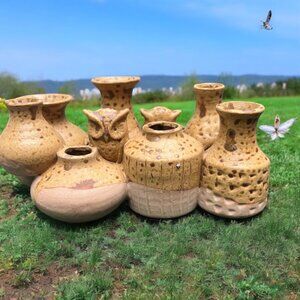 VTG Unique speckled glaze pottery cluster vase various sizes with owls